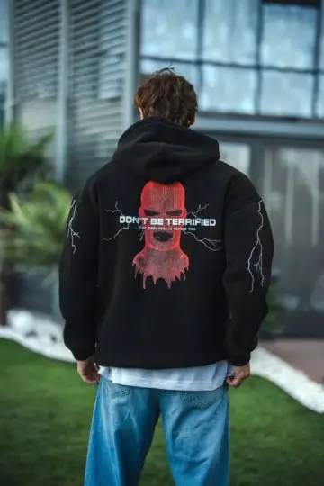 Kapüşonlu Kanguru Cepli Sweatshirt 3 İplik Pamuklu Baskılı Hoodie -  Siyah