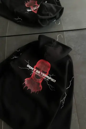 Kapüşonlu Kanguru Cepli Sweatshirt 3 İplik Pamuklu Baskılı Hoodie - Siyah