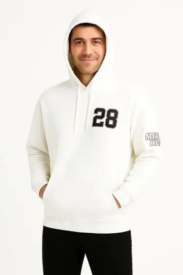 Kapüşonlu Kanguru Cepli Sweatshirt 3 İplik Pamuklu Baskılı Hoodie - Beyaz