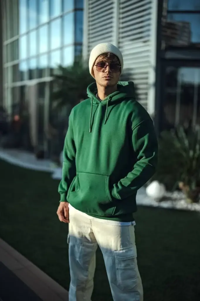 3 İplik Pamuklu Kapüşonlu Basic SweatShirt Hoodie - Haki