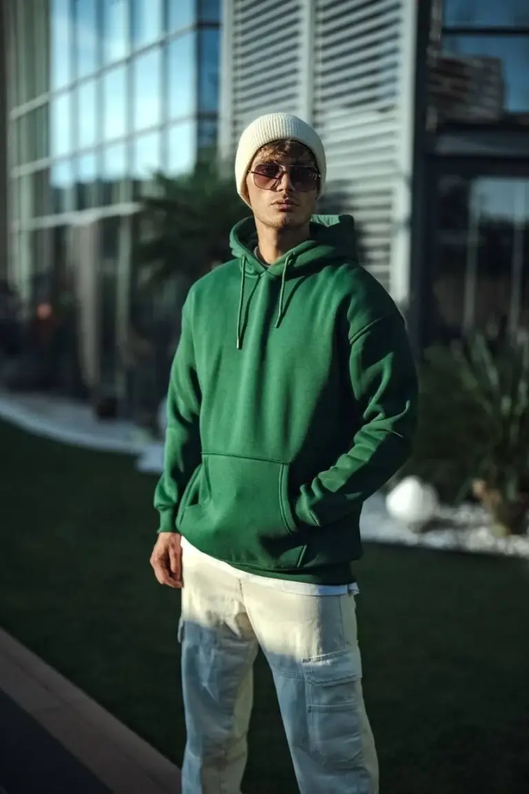 3 İplik Pamuklu Kapüşonlu Basic SweatShirt Hoodie - Haki