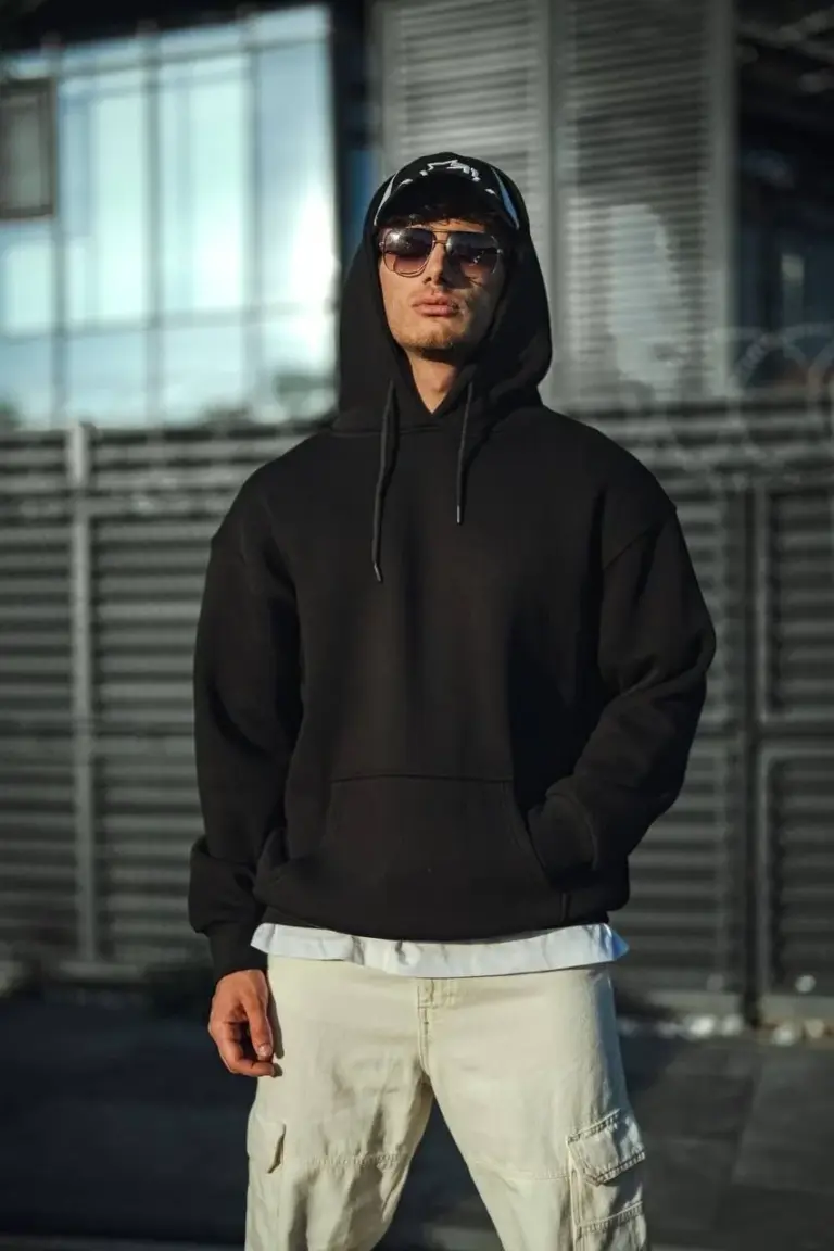 3 İplik Pamuklu Kapüşonlu Basic SweatShirt Hoodie - Siyah