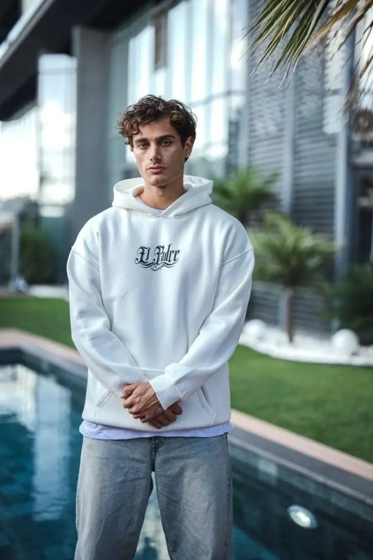 Kapüşonlu Kanguru Cepli Sweatshirt 3 İplik Pamuklu Baskılı Hoodie - Beyaz