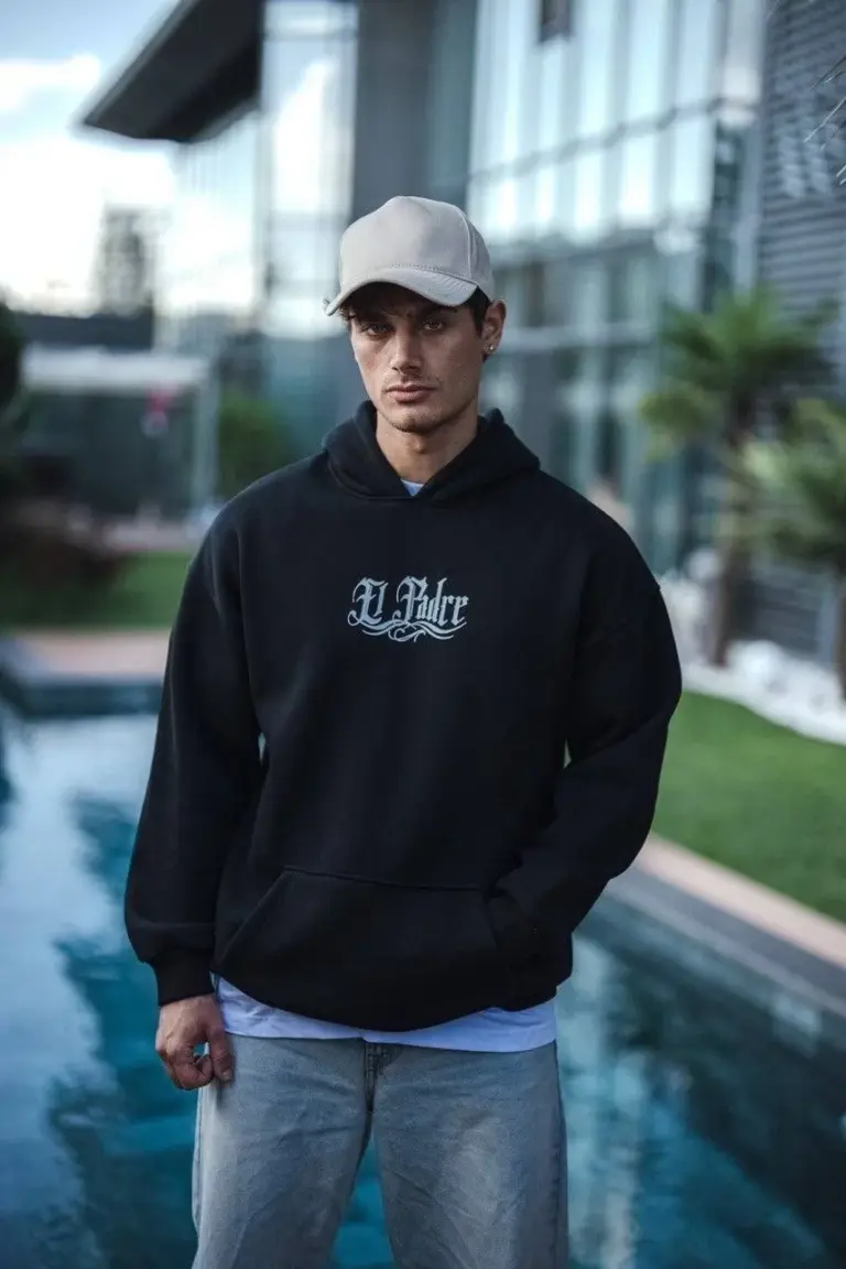 3 İplik Pamuklu Kapüşonlu Baskılı Cepli Oversize Sweatshirt Hoodie - Siyah