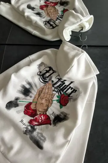 Oversize Kapüşonlu Cepli Baskılı 3 İplik Pamuklu Hoodie Sweatshirt - Beyaz