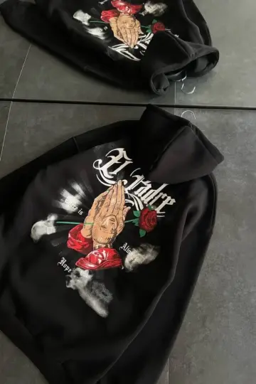 Oversize Kapüşonlu Cepli Baskılı 3 İplik Pamuklu Hoodie Sweatshirt - Siyah