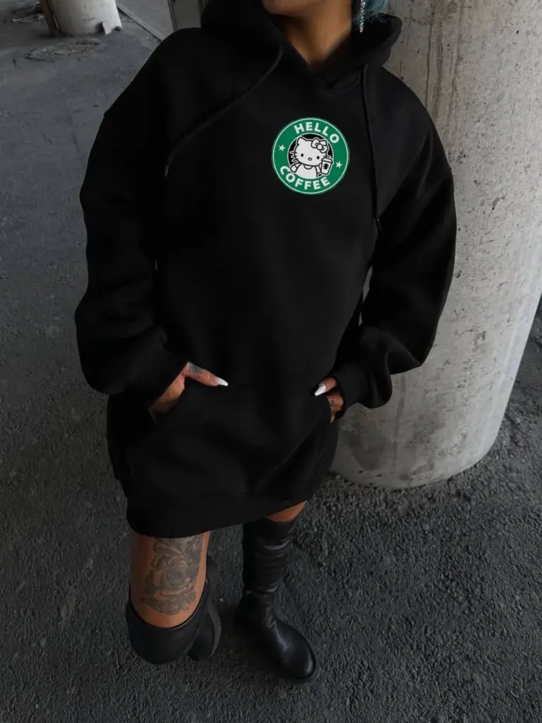 Oversize Kapüşonlu Kanguru Cepli Baskılı 3 İplik Pamuklu Sweatshirt Hoodie -   Siyah