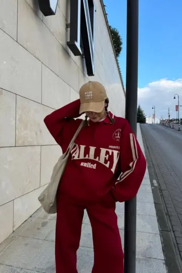 3 İplik Pamuklu Yakalı Sweat Baggy Pantolonlu Takım - Bordo