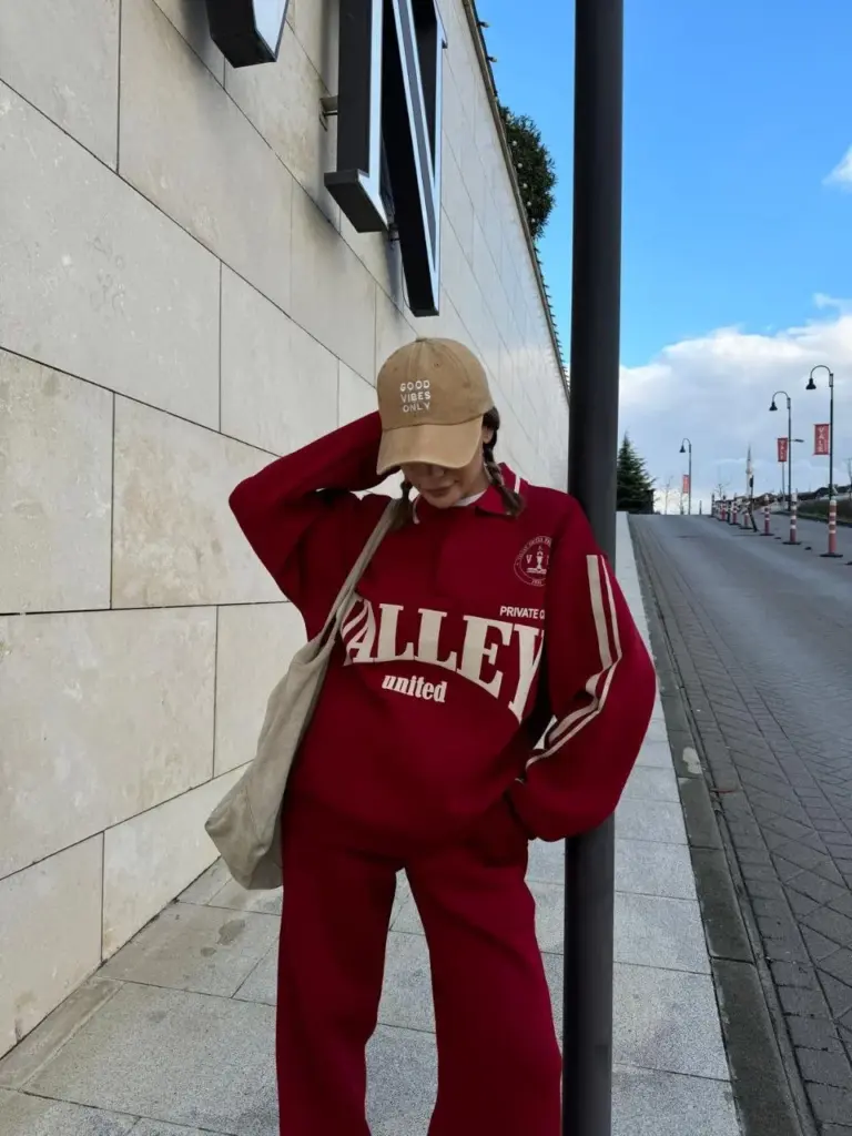 3 İplik Pamuklu Yakalı Sweat Baggy Pantolonlu Takım - Bordo