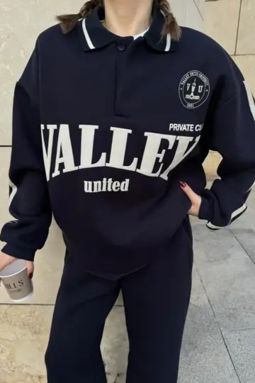 3 İplik Pamuklu Yakalı Sweat Baggy Pantolonlu Alt-Üst Takım - Siyah