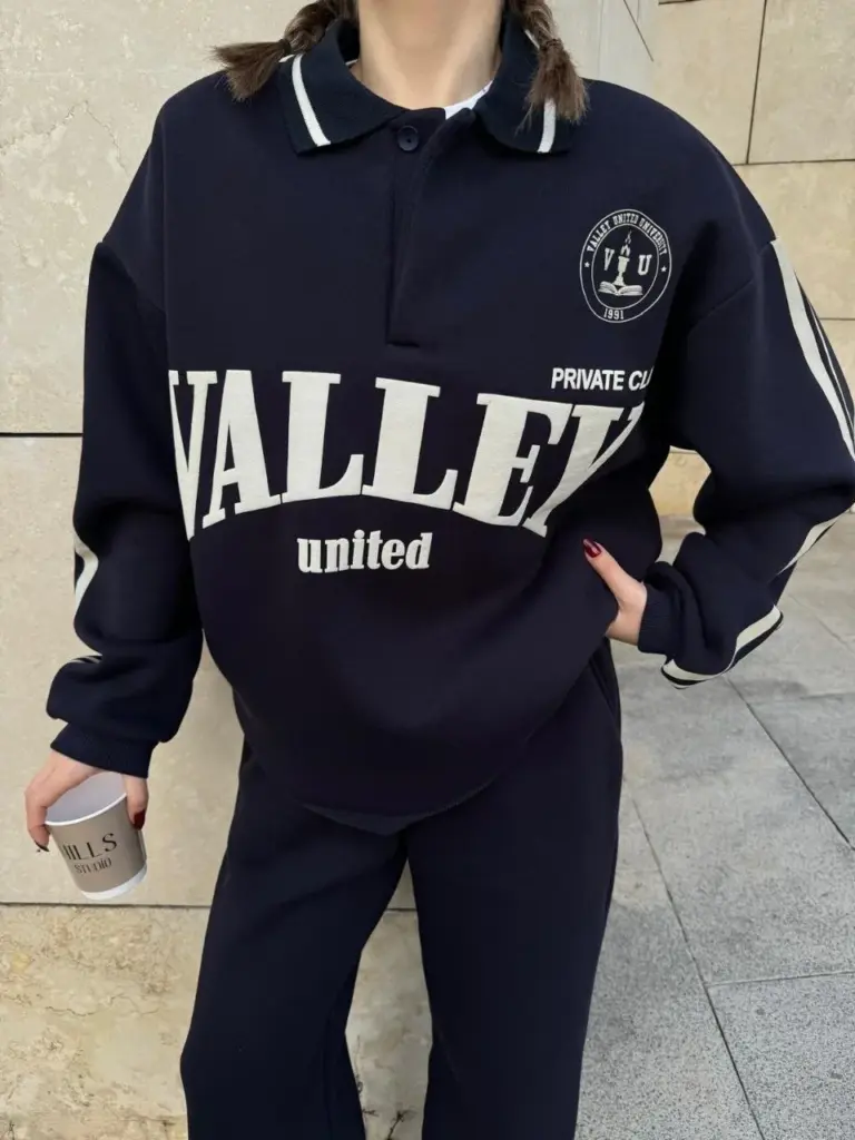 3 İplik Pamuklu Yakalı Sweat Baggy Pantolonlu Alt-Üst Takım - Siyah