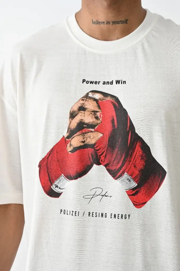 Box Eldiven Baskılı T-Shirt Kısa Kol Bisiklet Yaka Tişört - Beyaz