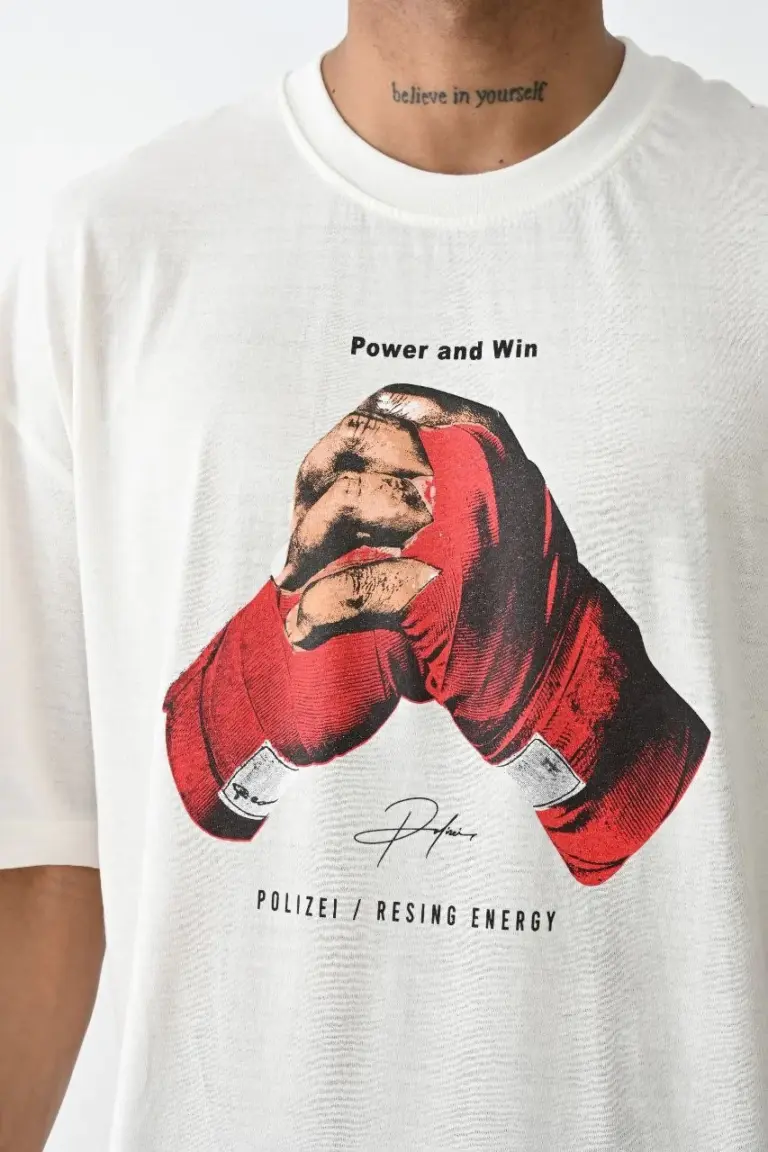 Box Eldiven Baskılı T-Shirt Kısa Kol Bisiklet Yaka Tişört - Beyaz