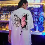 Kısa Kol Yazlık Tişört Bisiklet Yaka Kelebek Baskılı T-Shirt - Beyaz