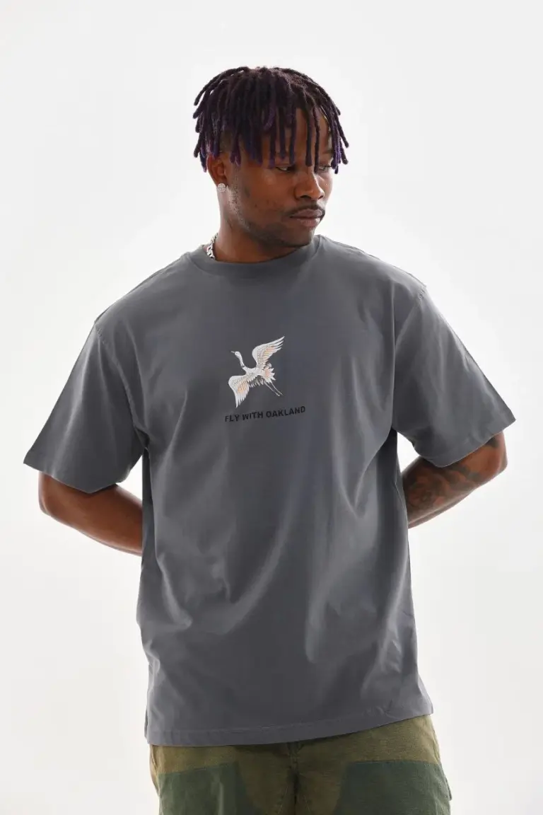 Baskılı T-Shirt Kısa Kol Bisiklet Yaka Rahat Kalıp Tişört  - Füme