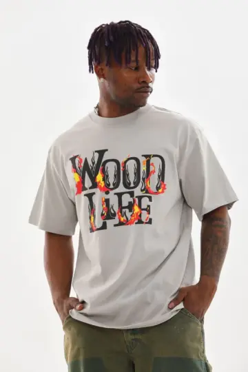 Kısa Kol Yazlık Tişört Bisiklet Yaka Baskılı Oversize T-Shirt - Gri