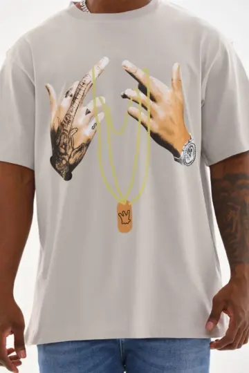 Baskılı T-Shirt Kısa Kol Bisiklet Yaka Rahat Kalıp Tişört - Gri