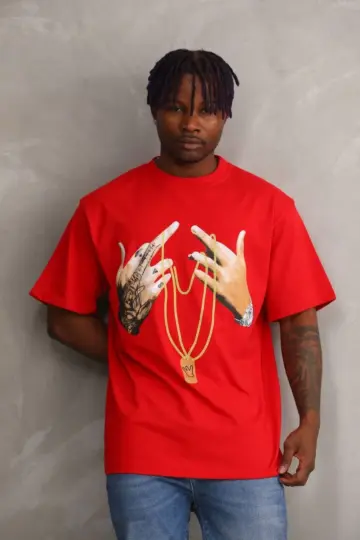 Baskılı T-Shirt Kısa Kol Bisiklet Yaka Rahat Kalıp Tişört - Kırmızı