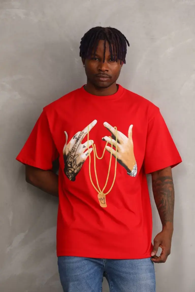 Baskılı T-Shirt Kısa Kol Bisiklet Yaka Rahat Kalıp Tişört - Kırmızı