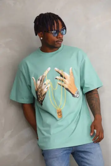 Baskılı T-Shirt Kısa Kol Bisiklet Yaka Rahat Kalıp Tişört - Mint Yeşili