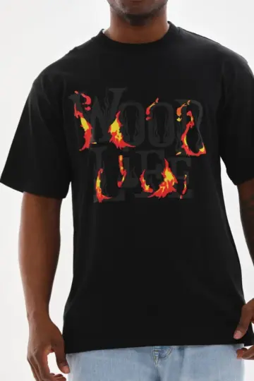 Baskılı T-Shirt Kısa Kol Bisiklet Yaka Rahat Kalıp Tişört - Siyah