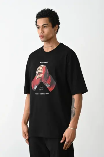 Boxy Eldiven Baskılı T-Shirt Kısa Kol Bisiklet Yaka Tişört - Siyah