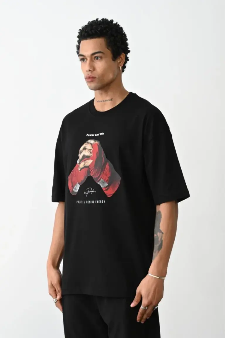 Boxy Eldiven Baskılı T-Shirt Kısa Kol Bisiklet Yaka Tişört - Siyah