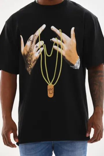 Baskılı T-Shirt Kısa Kol Bisiklet Yaka Rahat Kalıp Günlük Tişört - Siyah