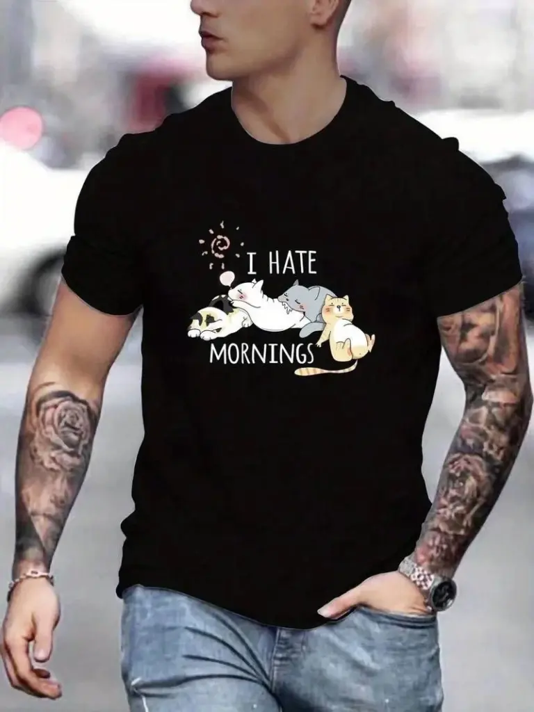 Baskılı T-Shirt Kısa Kol Bisiklet Yaka Regular Fit Rahat Kalıp Günlük Tişört - Siyah