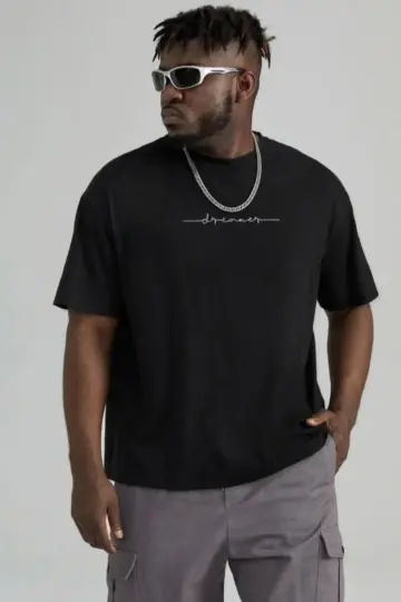 Baskılı T-Shirt Kısa Kol Bisiklet Yaka Regular Fit Rahat Kalıp Tişört - Siyah