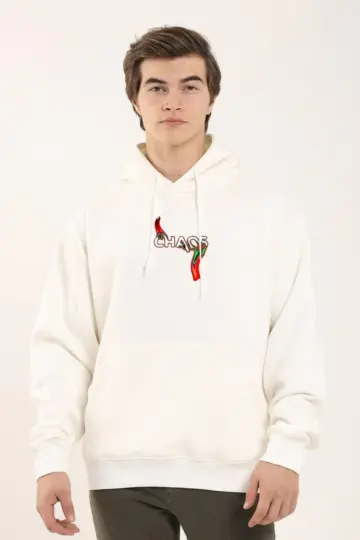3 İplik Pamuklu Kapüşonlu Baskılı Cepli Oversize Sweatshirt Hoodie - Beyaz
