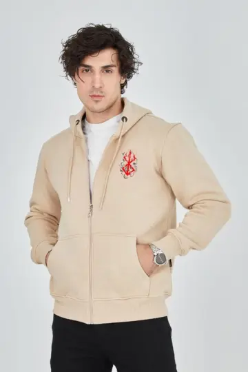 3 İplik Pamuklu Kapüşonlu Tam Fermuarlı Cepli Hoodie Sweatshirt - Bej