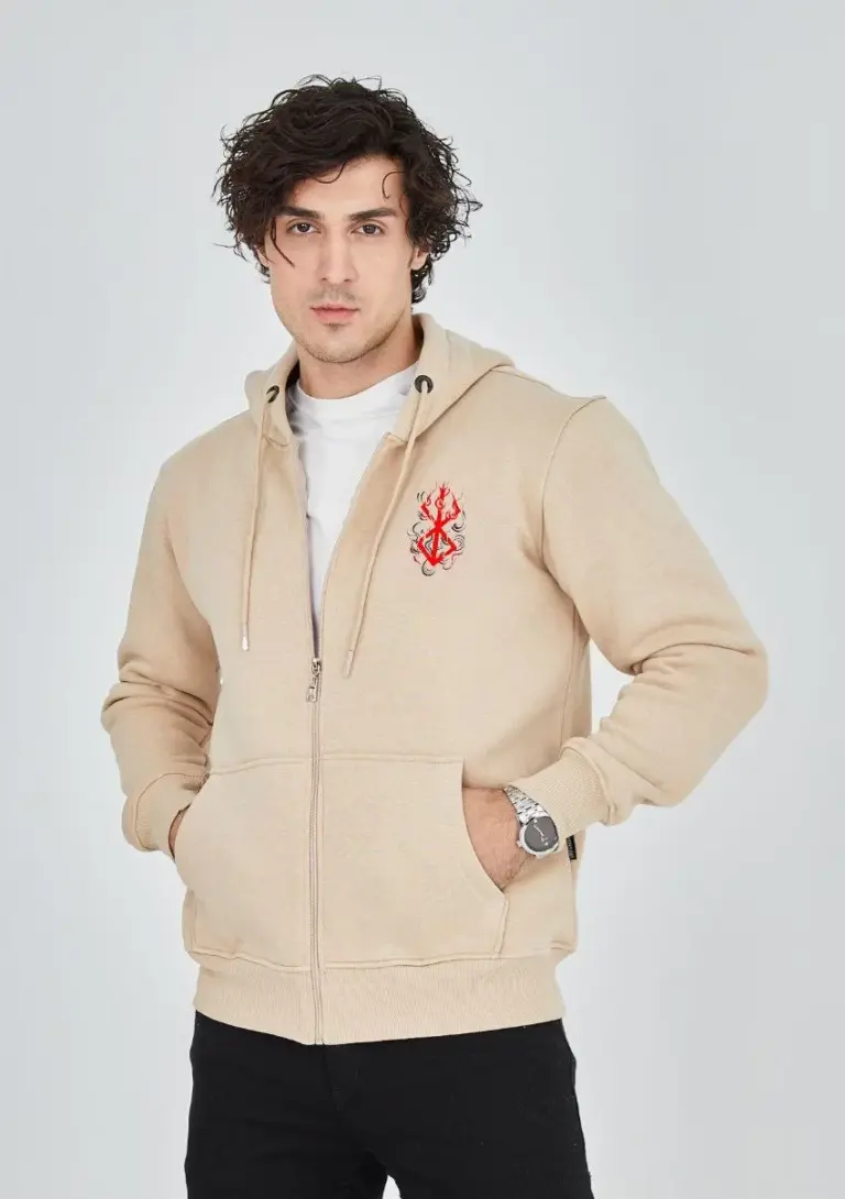 3 İplik Pamuklu Kapüşonlu Tam Fermuarlı Cepli Hoodie Sweatshirt - Bej