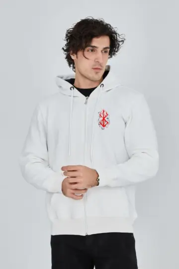 3 İplik Pamuklu Kapüşonlu Tam Fermuarlı Cepli Hoodie Sweatshirt - Beyaz