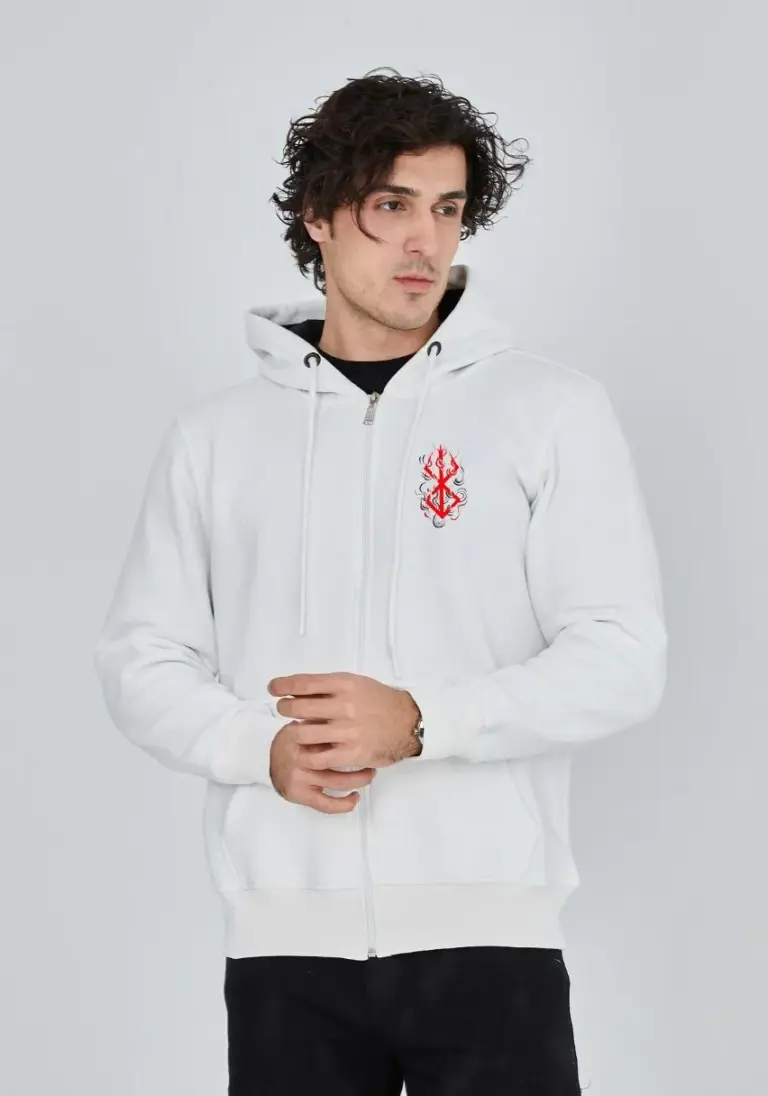 3 İplik Pamuklu Kapüşonlu Tam Fermuarlı Cepli Hoodie Sweatshirt - Beyaz