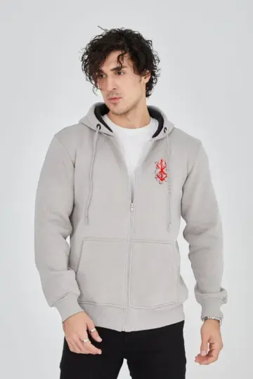 3 İplik Pamuklu Kapüşonlu Tam Fermuarlı Cepli Hoodie Sweatshirt - Boyalı Gri