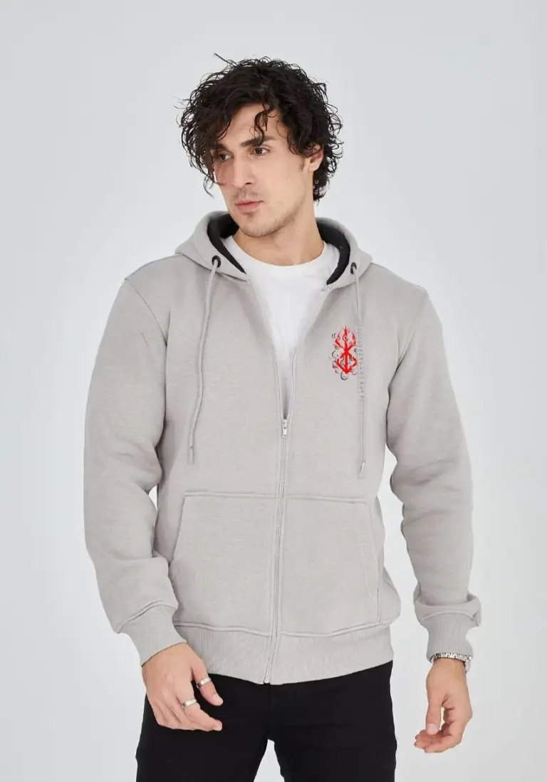 3 İplik Pamuklu Kapüşonlu Tam Fermuarlı Cepli Hoodie Sweatshirt - Boyalı Gri