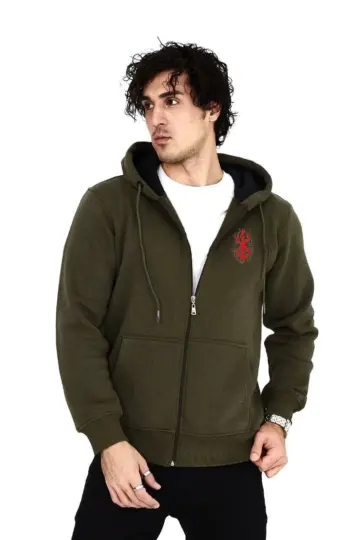 3 İplik Pamuklu Kapüşonlu Tam Fermuarlı Cepli Hoodie Sweatshirt - Haki