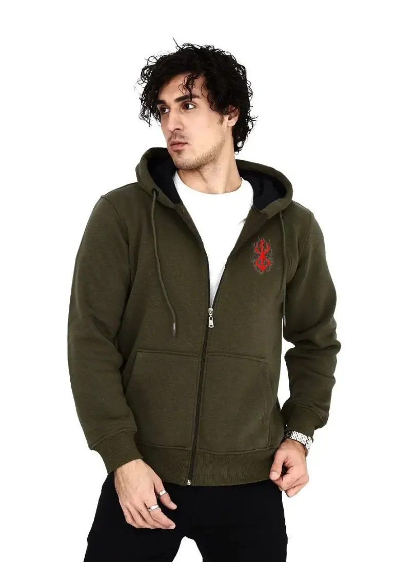 3 İplik Pamuklu Kapüşonlu Tam Fermuarlı Cepli Hoodie Sweatshirt - Haki