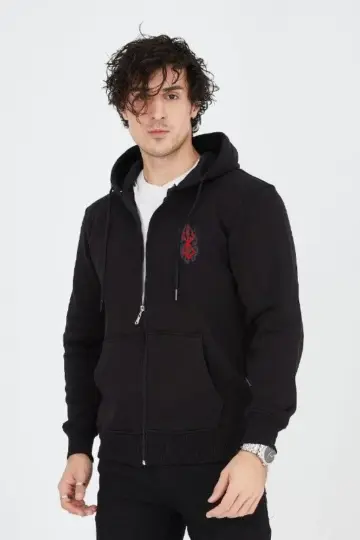 3 İplik Pamuklu Kapüşonlu Tam Fermuarlı Cepli Hoodie Sweatshirt - Siyah