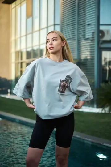 Bisiklet Yaka Baskılı Kısa kol Oversize T-Shirt - Boyalı Gri