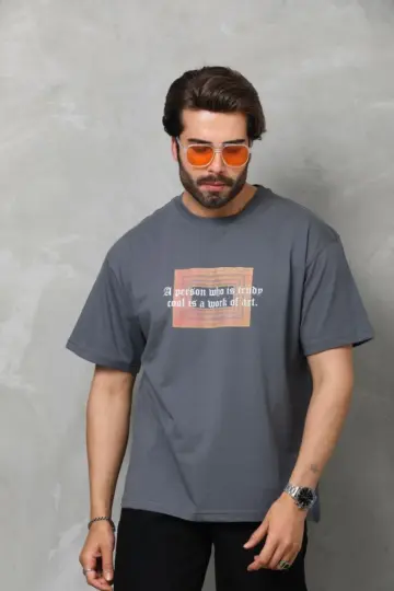 Baskılı T-Shirt Kısa Kol Bisiklet Yaka Regular Fit Rahat Kalıp Tişört -  Füme