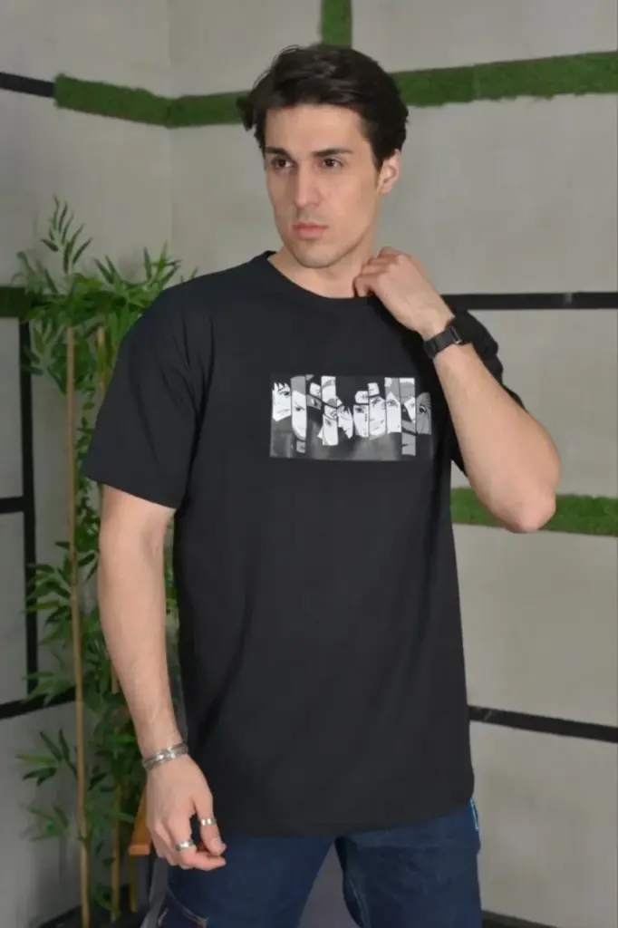 Kısa Kol Yazlık Tişört Bisiklet Yaka Baskılı Oversize T-Shirt - Siyah