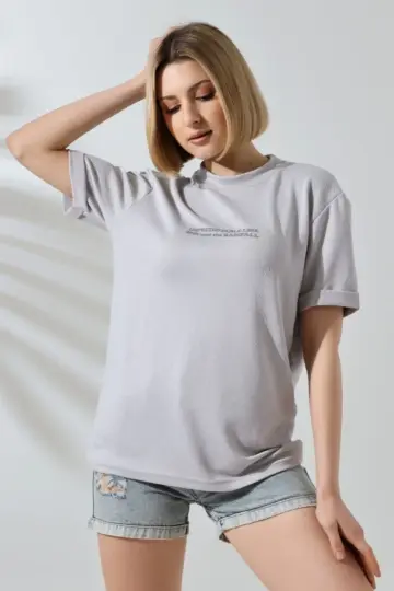 Bisiklet Yaka Baskılı Slim Fit T-Shirt - Boyalı Gri