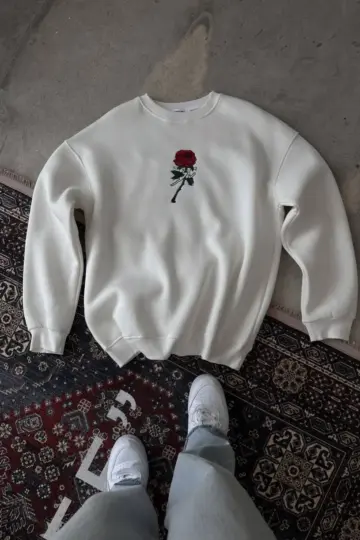 3 iplik Pamuklu Bisiklet Yaka Ön Ve Arka Baskılı SweatShirt -  Beyaz