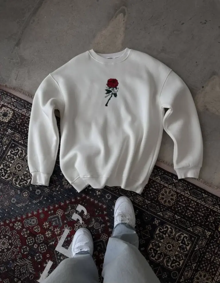3 iplik Pamuklu Bisiklet Yaka Ön Ve Arka Baskılı SweatShirt -  Beyaz