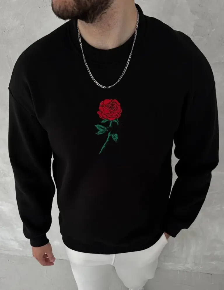 3 iplik Pamuklu Bisiklet Yaka Ön Ve Arka Baskılı SweatShirt - Siyah