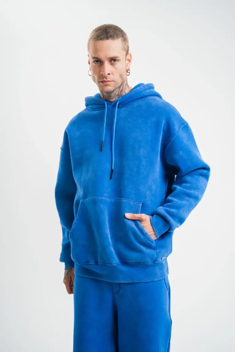 3 İplik Pamuklu Oversize Kapüşonlu Yıkamalı Hoodie SweatShirt - Mavi