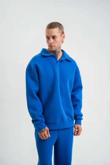 Açık Yakalı Oversize 3 İplik Pamuklu Sweatshirt - Mavii