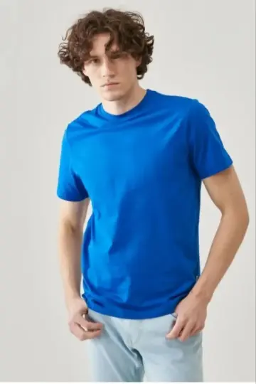 Tişört Kısa Kol Düz Bisikilet Yaka Oversize T-shirt - Mavi